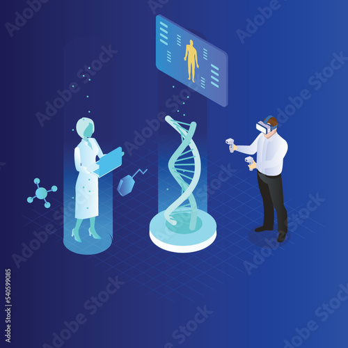 Scientists studying DNA in metaverse virtual world isometric 3d vector concept for banner, website, illustration, landing page, flyer, etc.