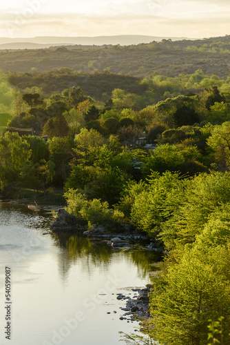 Bosque con laguna y montañas al fondo sobre el horizonte en el atardecer