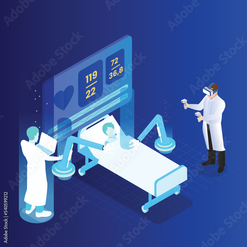 Metaverse concept student learning medical surgery in virtual world isometric 3d vector concept for banner, website, illustration, landing page, flyer, etc.