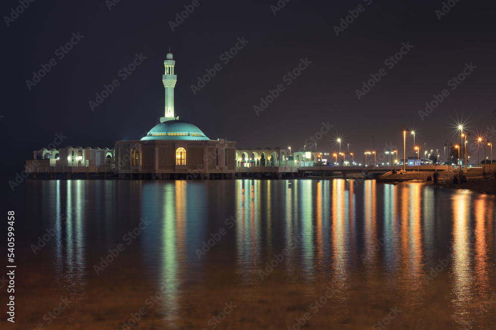 Night shot of Al Rahma Mosque or Floating mosque, Jeddah, Saudi Arabia