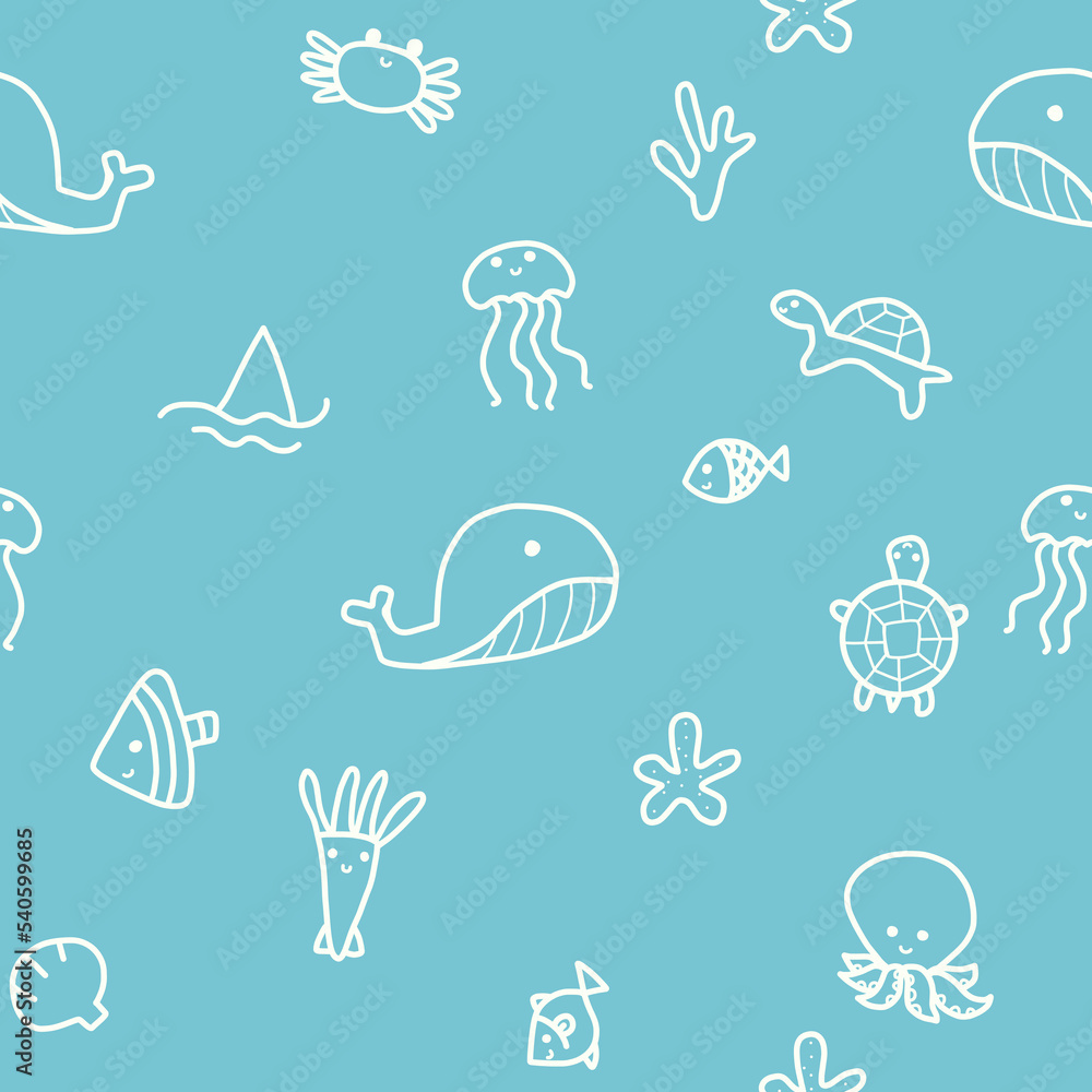 Cute ocean animal cartoon doodle seamless pattern blue background vector illustration design