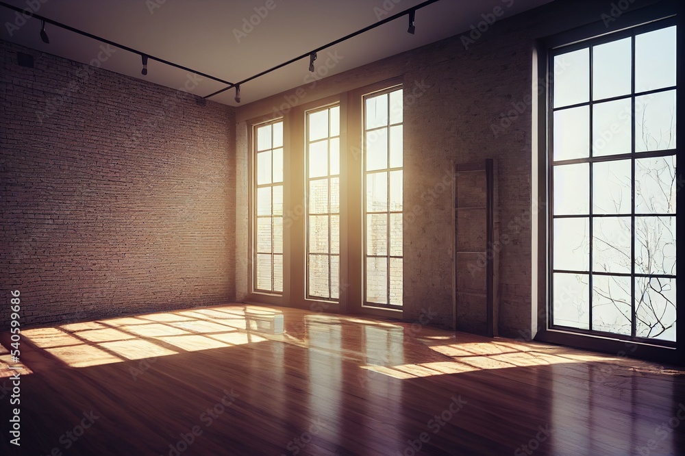 Empty room with big window in loft style. Wooden floor and brick wall in a modern interior. 3D render. Empty room with big window in loft style. Wooden floor and brick wall in a modern interior. 3D render.
