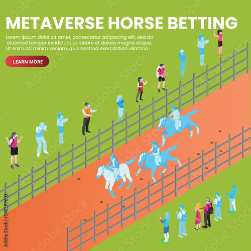 Metaverse concept: Horserace betting in virtual world isometric 3d vector concept for banner, website, illustration, landing page, flyer, etc.