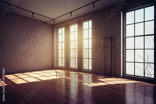 Empty room with big window in loft style. Wooden floor and brick wall in a modern interior. 3D render.