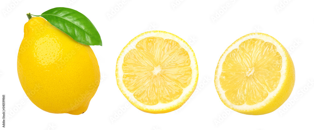 Ripe lemon fruit with leaves and slices isolated on white background, Fresh and Juicy Lemon, collection