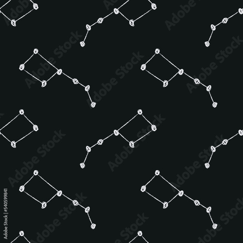 Doodle cosmic seamless pattern in childish style. Hand drawn abstract big dipper. Black and white