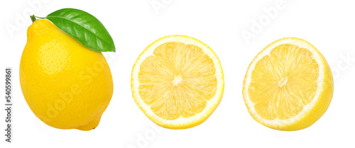 Ripe lemon fruit with leaves and slices isolated on white background, Fresh and Juicy Lemon, collection