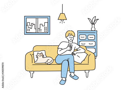 自宅でくつろぐイラスト(休日、ゴロゴロ、インドア)
An illustration to relax at home.Holiday, indoor.