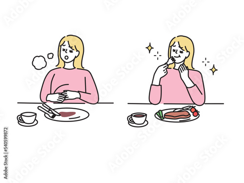 食事のイラスト(空腹、満腹、食後、ダイエット、暴飲暴食) Illustration of the meal.Hunger, fullness, after eating, diet, binge eating.