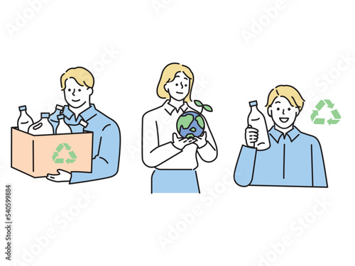 環境保護、リサイクルのイラスト(森林、海、地球、ゴミ、エコロジー) Illustration of environmental protection and recycling.Forests, oceans, earth, garbage, ecology.
