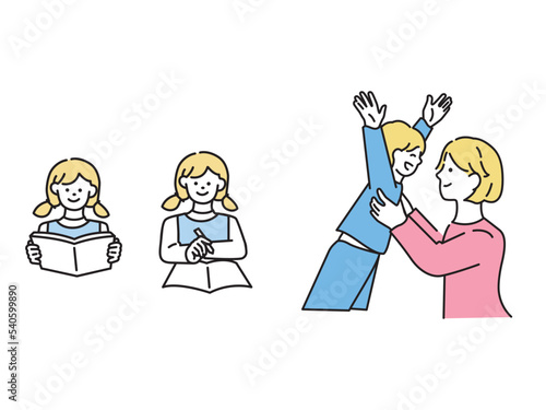 子供のイラスト(親子、勉強、遊ぶ、母と子、幸せ) Illustration of children.Parent and child, study, play, mother and child, happiness.
