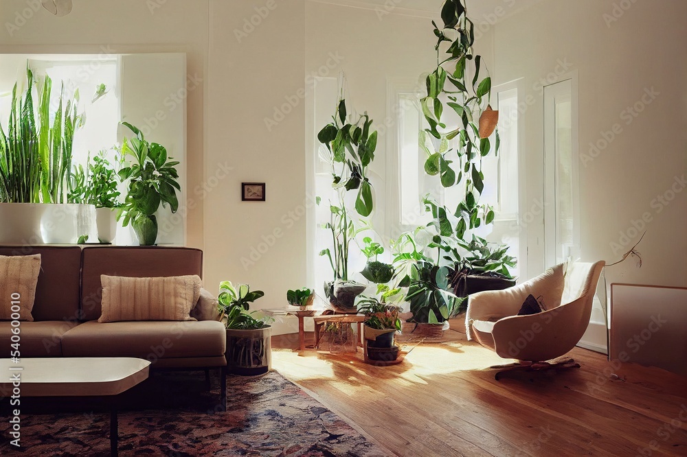 Stylish living room interior with beautiful house plants Stock ...