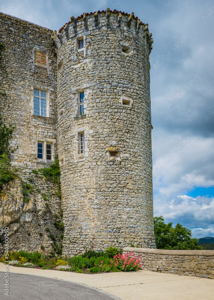 One of the corner towers of Lussan's medieval castle in the south of France (Gard)
