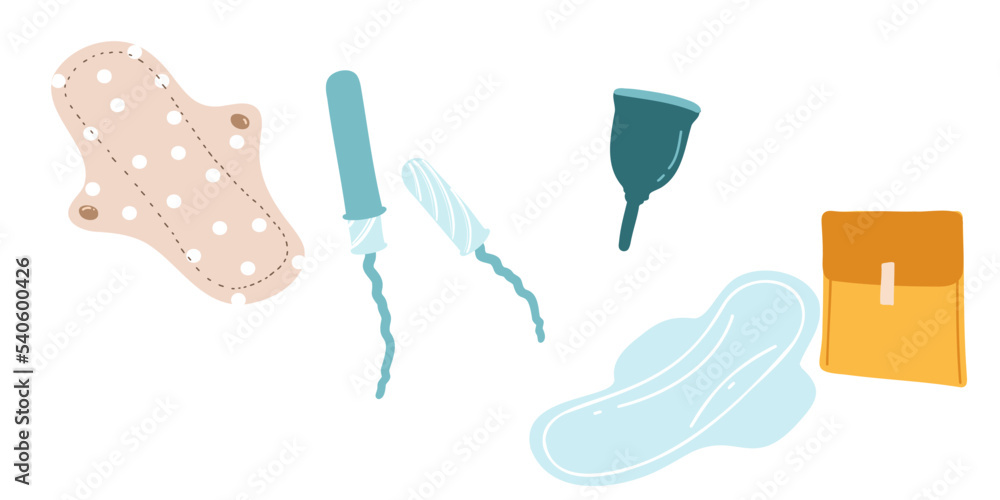 Tampons, pads, menstrual cup. The concept of a regular menstrual cycle in women. menstrual cycle. Feminine hygiene. Flat vector illustration