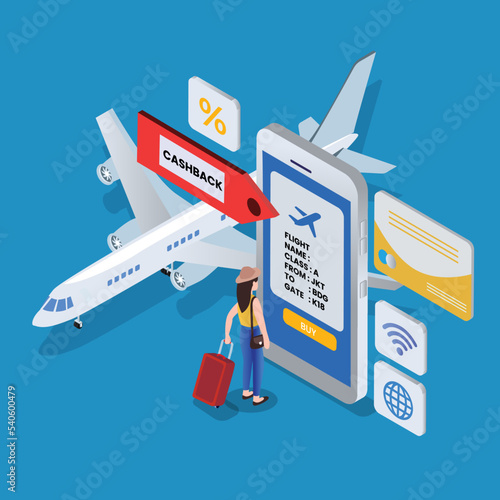 Buying airplane ticket on mobile phone online isometric 3d vector concept for banner, website, illustration, landing page, flyer, etc.