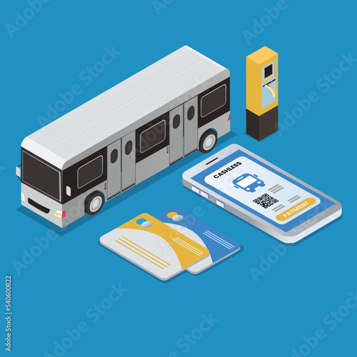 Buying bus ticket online on mobile phone isometric 3d vector concept for banner, website, illustration, landing page, flyer, etc.