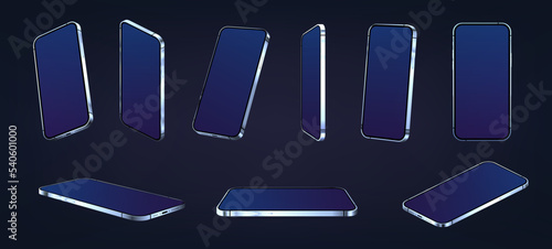 Phones in futuristic style with glare, reflection and blank screen. Vector layouts of gadgets in different positions. Realistic 3D phones for presentation and futuristic concept. Blue color collection