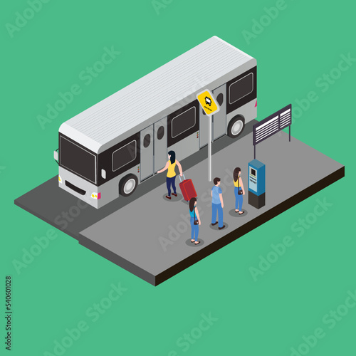 Passengers at bus stop isometric 3d vector concept for banner, website, illustration, landing page, flyer, etc.