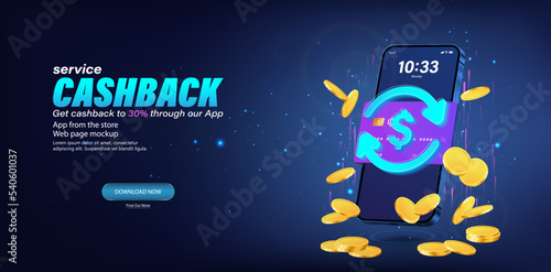 Cash back service in mobile phone. Saving money via phone, loyalty program, bonuses and cashback. 3D smartphone with App for payment and money saving. 3D Mobile phone and  golden coins. Vector banner