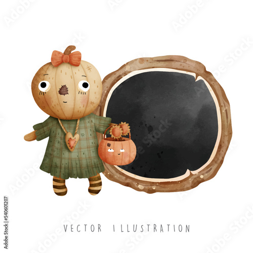 halloween scarecrow with wooden sign, vector illustration