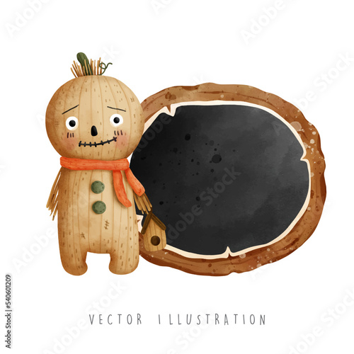 halloween scarecrow with wooden sign, vector illustration