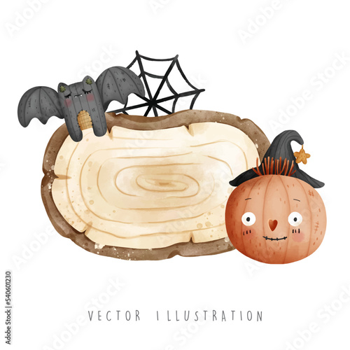 halloween scarecrow with wooden sign, vector illustration