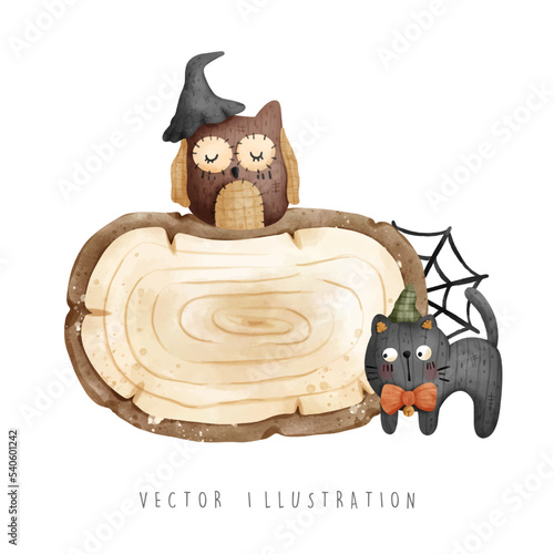 halloween scarecrow with wooden sign, vector illustration