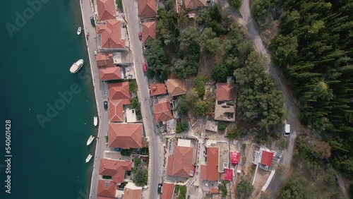 Topdown View Of Vathi Village On The Ionian Island Of Ithaca, Greece. Aerial Drone Shot photo