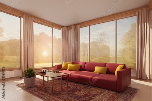 Light relaxing room interior with sofa and armchair  coffee table on carpet  shelf with decoration  hardwood floor. Panoramic window on countryside. 3D rendering