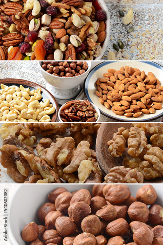 Collage made of mixed nuts.
