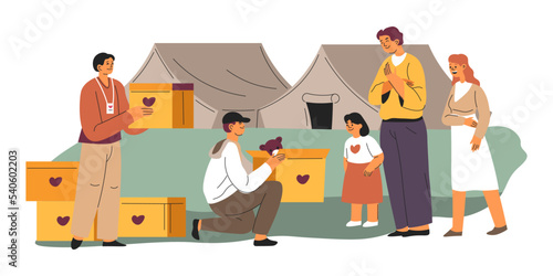 Volunteers helping people, donations for refugee