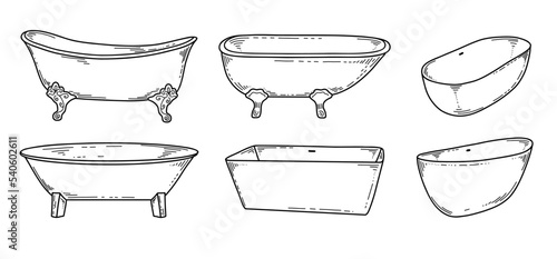 Hand-drawn bathtub, different angles and styles. Simple doodle sketch style. Vector illustration.