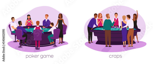 People play poker and craps game vector set. Casino, gaming house flat illustration. Happy people characters. Casino interior decor. Gambling industry. For design casino web sites.