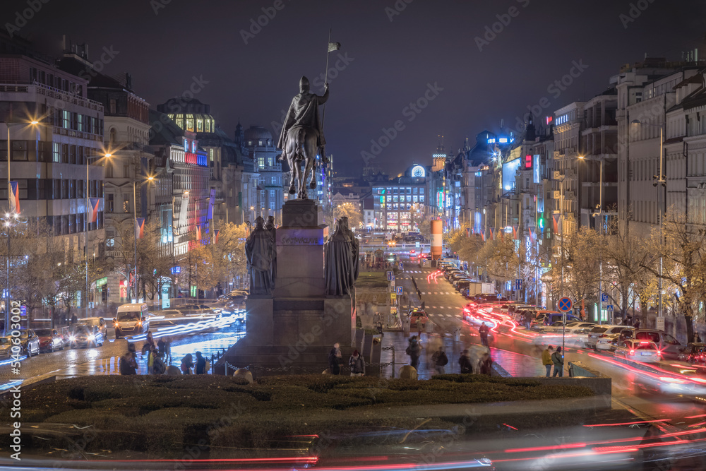 Wenceslas Square at night with blurred traffic movement, Prague, Czech Republic