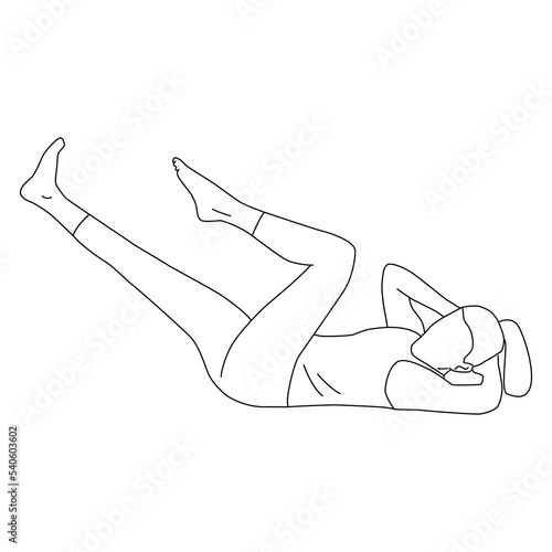 Line art of woman doing exercise in bicycle crunches pose vector.