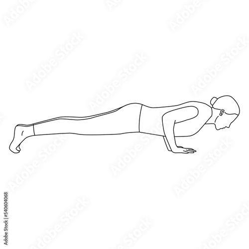Line art of woman doing Yoga in Chaturanga Dandasana or four limbed staff pose vector. girl preparing to push up exercise.