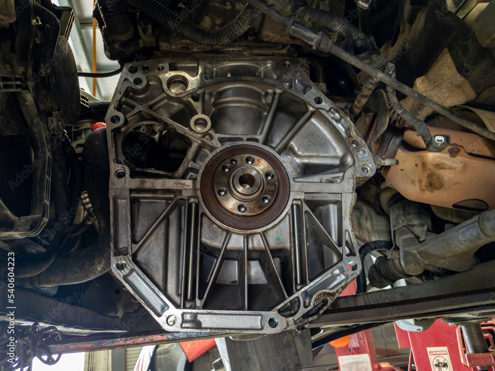 Fototapeta premium car engine block when the transmission has been removed in the process of replacing the rear crankshaft seal