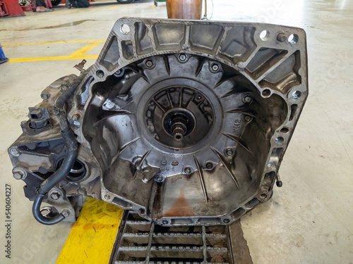 Automatic transmission or automatic transaxle being repaired at an auto repair shop