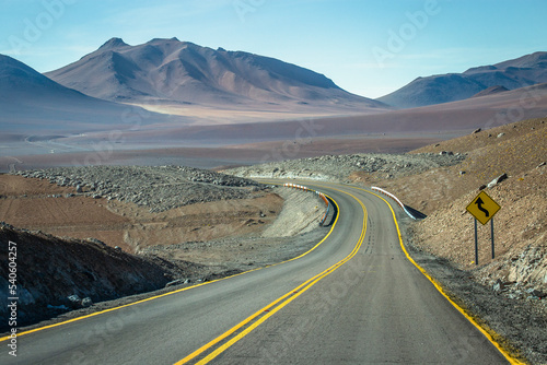 Dirt road in Atacama desert, volcanic arid landscape in Chile, South America