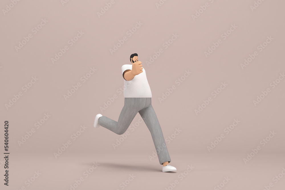 Obraz premium The man with beard wearinggray corduroy pants and white collar t-shirt. 3d illustrator of cartoon character in acting. He is running.