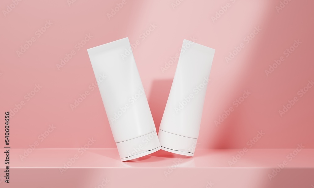 3d rendering of realistic blank white skincare cosmetic packaging on pink background with shadow for cosmetic brand mockup 3d rendering of realistic blank white skincare cosmetic packaging on pink background with shadow for cosmetic brand mockup