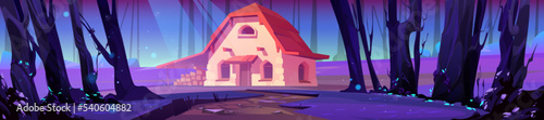 Cottage in night forest, stone house with wooden roof on dark field with coniferous trees. Cozy home at moonlight in mysterious wood. Game scene 2d background with dwelling Cartoon vector illustration