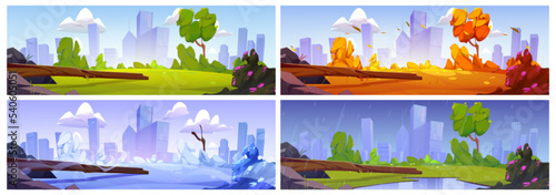 City park at summer, spring, autumn and winter season landscapes set. Scenery backgrounds of public recreational place with trees and lawn at sunny, rainy or cold days, Cartoon vector illustration