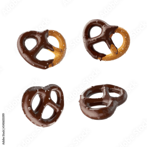 Set of Pretzels coated with dark chocolate vector illustration