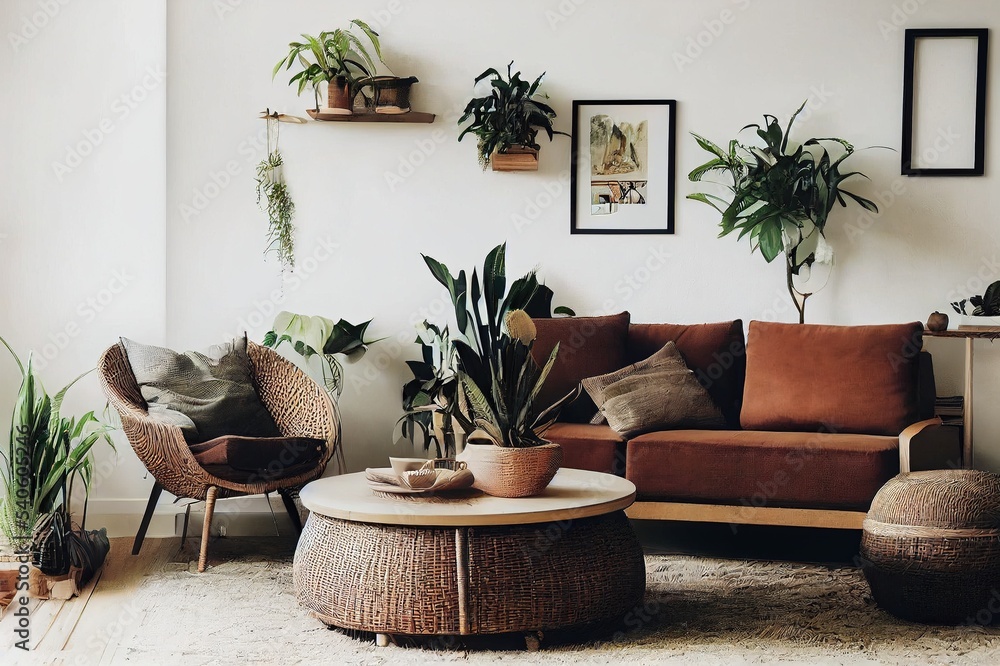 Boho and cozy interior of living room with poster mock up frame, round  table, rattan chairs, commode, plants, decoration and accessories. Brown  grunge wall. Template. Warm and oriental home decor. Stock Illustration