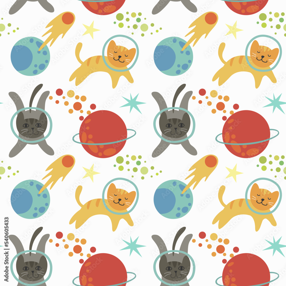 Seamless bright pattern of space with the image of planets, stars, asteroids and astronaut cats Seamless bright pattern of space with the image of planets, stars, asteroids and astronaut cats