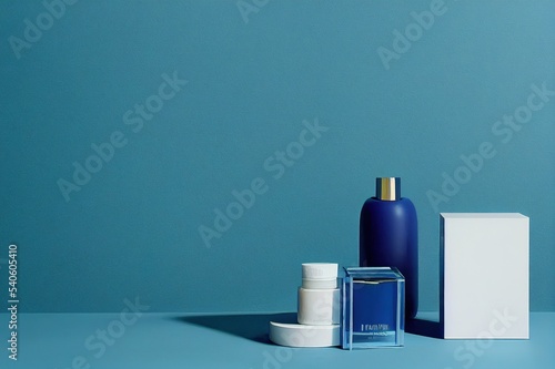 Minimal abstract blue white background for the presentation of a cosmetic product. Premium podium with a shadow of tropical palm leaves on a blue wall and white table. Showcase, display case.