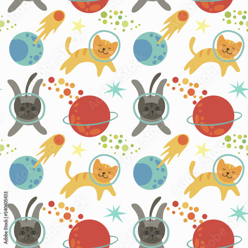 Seamless bright pattern of space with the image of planets, stars, asteroids and astronaut cats