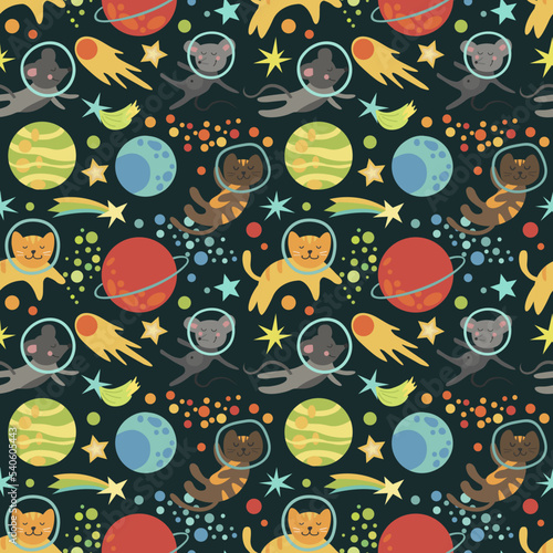 Seamless bright pattern of space with the image of planets, stars, asteroids, mice and cats astronauts