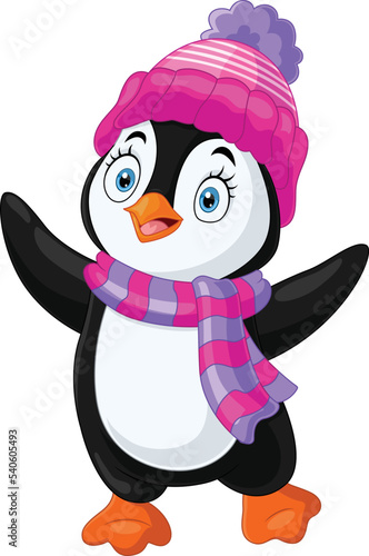 Cartoon penguin wearing hat and scarf